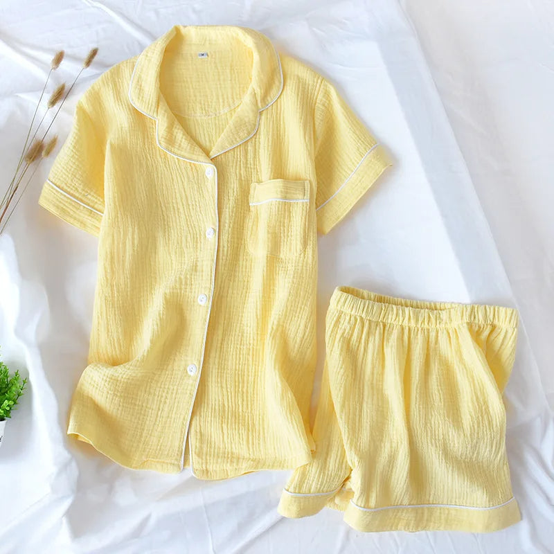 Japanese Summer Cotton Pajama Set for Women – Double-Layer Gauze, Short Sleeve & Shorts, Plus Size Loungewear