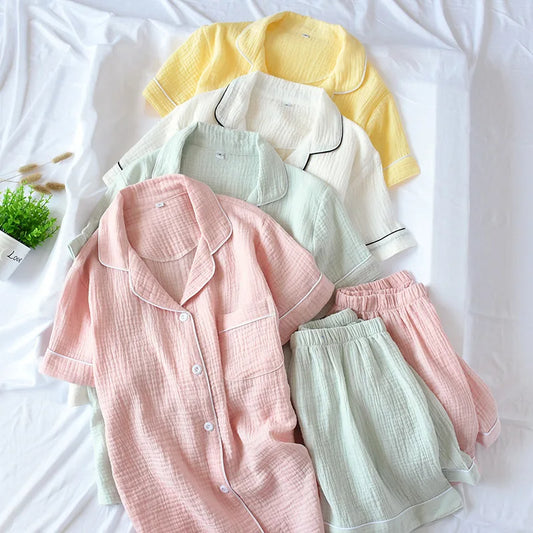 Japanese Summer Cotton Pajama Set for Women – Double-Layer Gauze, Short Sleeve & Shorts, Plus Size Loungewear