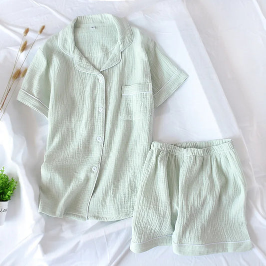Japanese Summer Cotton Pajama Set for Women – Double-Layer Gauze, Short Sleeve & Shorts, Plus Size Loungewear