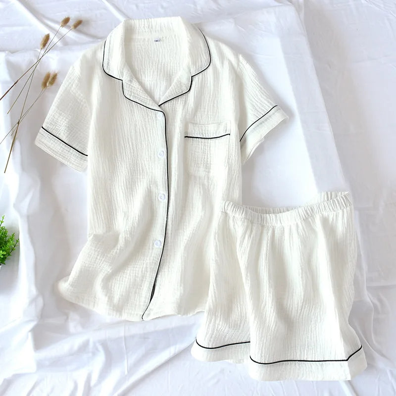 Japanese Summer Cotton Pajama Set for Women – Double-Layer Gauze, Short Sleeve & Shorts, Plus Size Loungewear