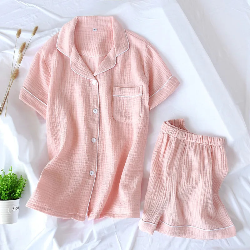 Japanese Summer Cotton Pajama Set for Women – Double-Layer Gauze, Short Sleeve & Shorts, Plus Size Loungewear