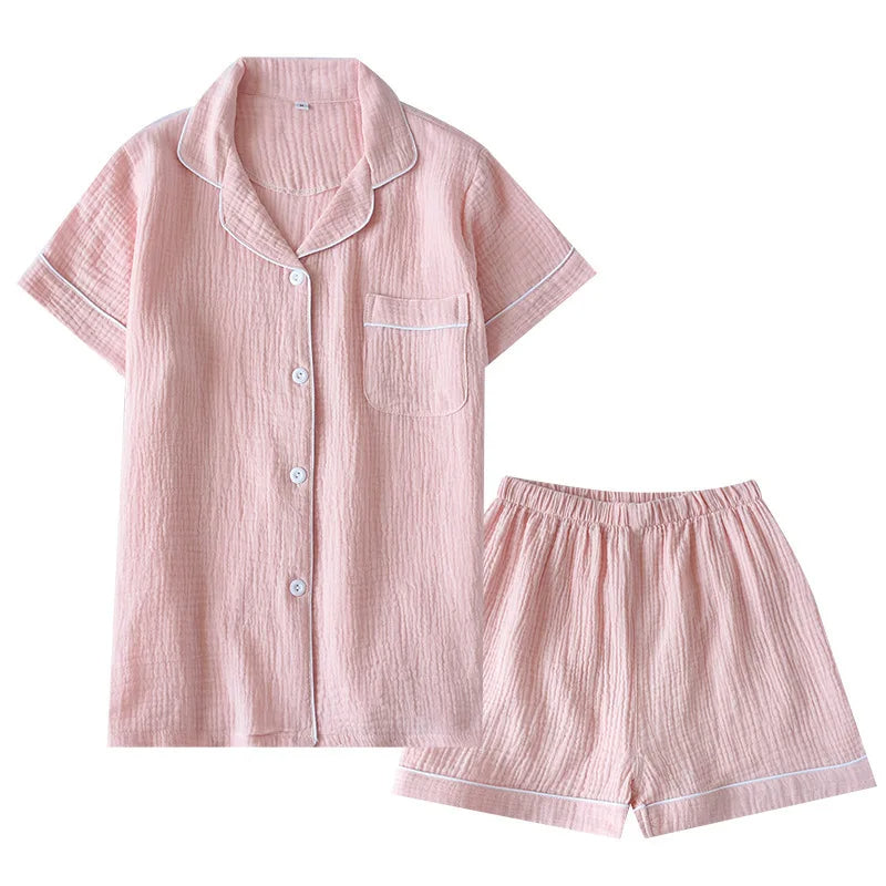 Japanese Summer Cotton Pajama Set for Women – Double-Layer Gauze, Short Sleeve & Shorts, Plus Size Loungewear